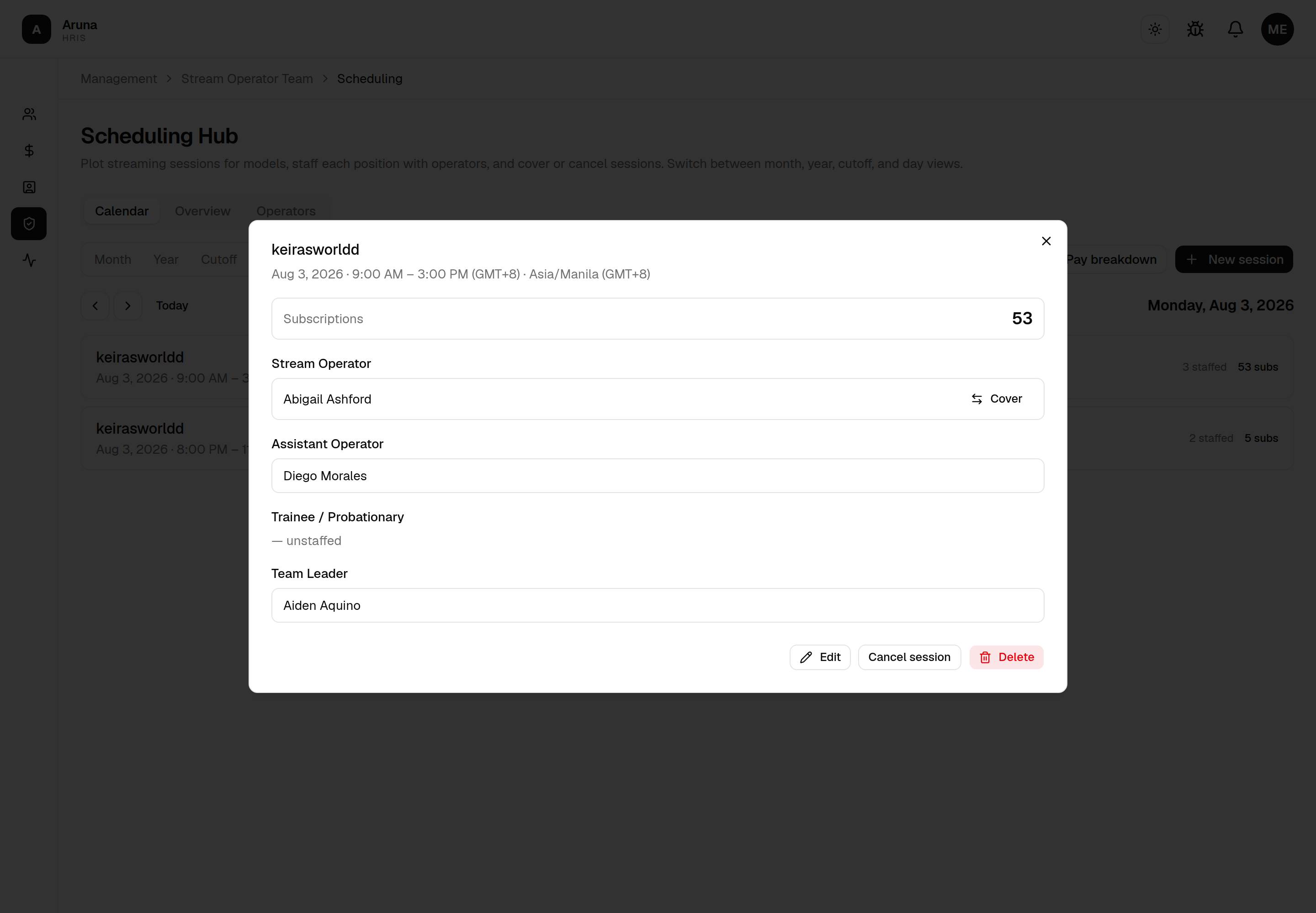 Session detail dialog showing Subscriptions 53 above the staffed positions.