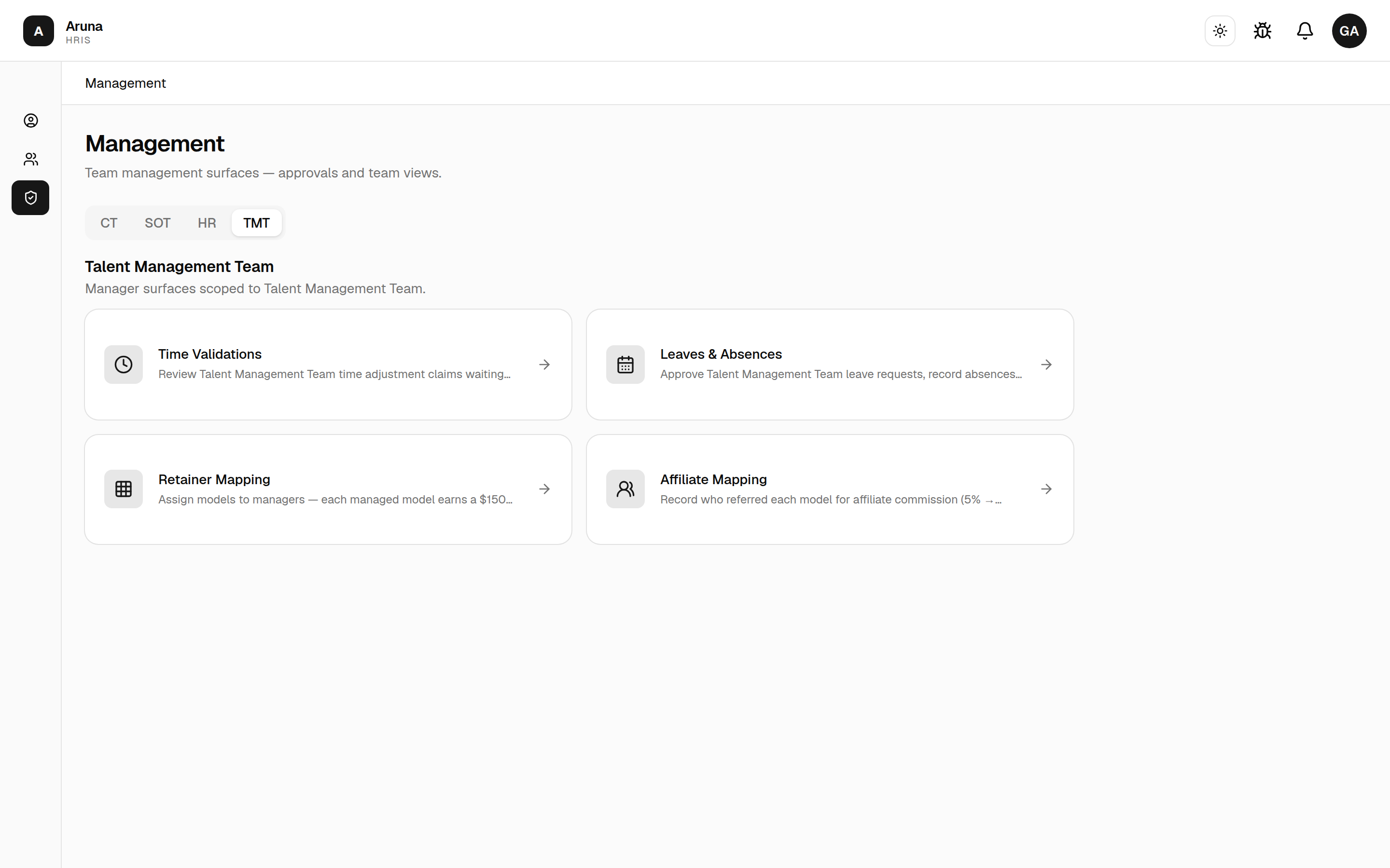 TMT management landing: Time Validations, Leaves & Absences, Retainer Mapping, and Affiliate Mapping.