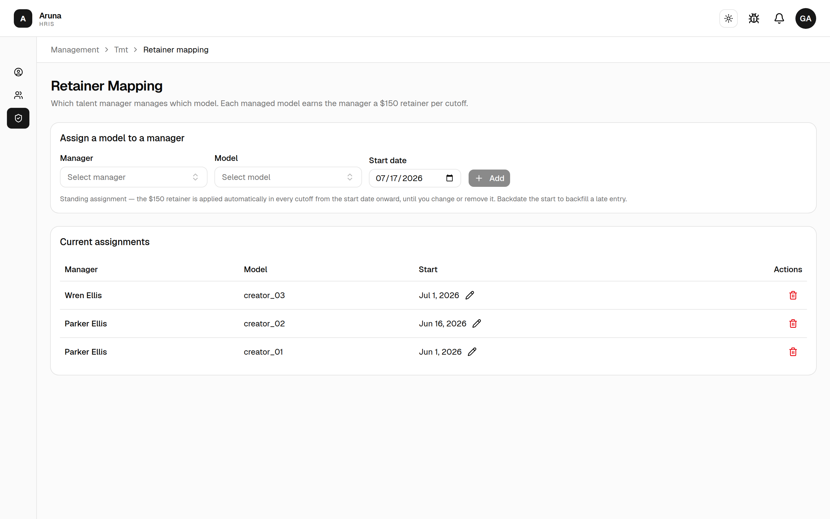 Retainer Mapping: an "Assign a model to a manager" form (manager, model, start date) above a "Current assignments" table.