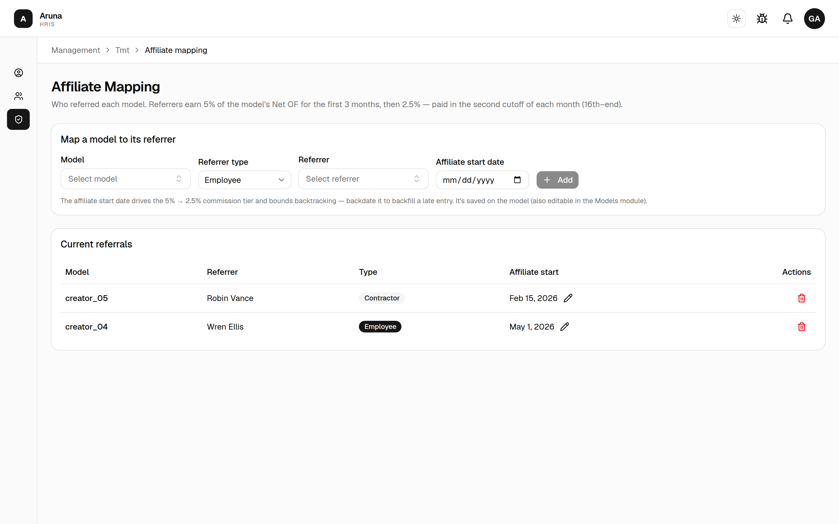 Affiliate Mapping: a "Map a model to its referrer" form (model, referrer type, referrer, affiliate start date) above a "Current referrals" table.