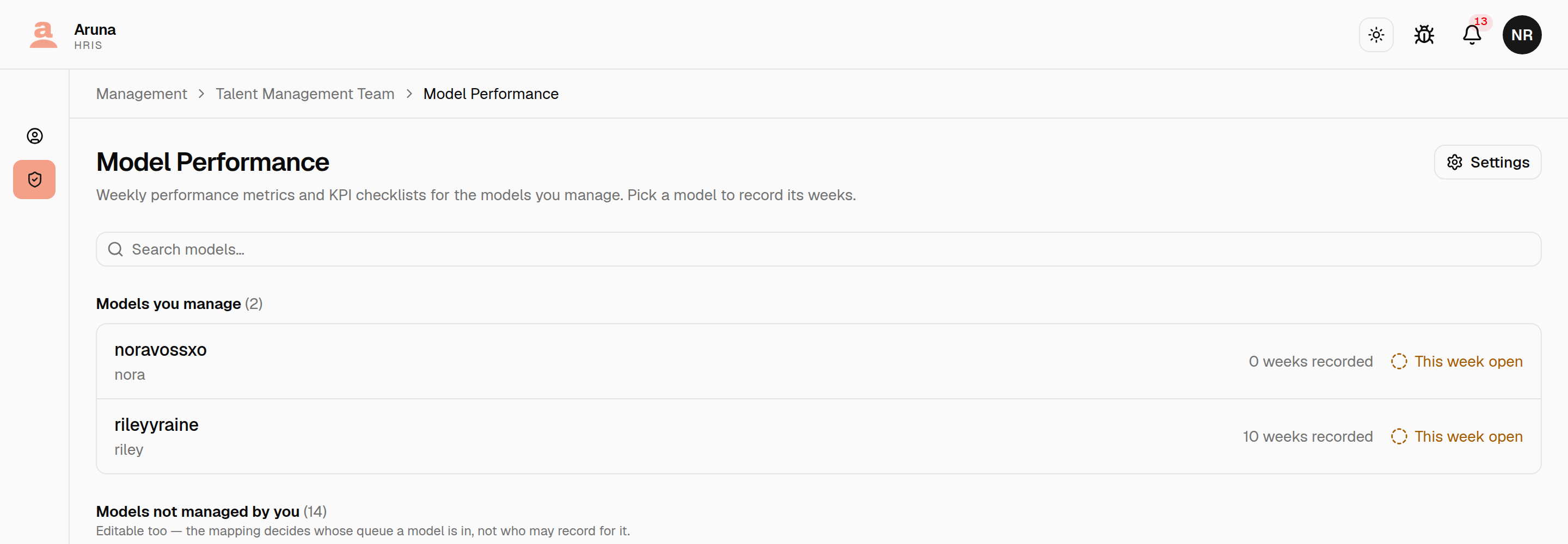 The Model Performance index: a search box above "Models you manage (2)" listing two models with their weeks-recorded count and this-week status, and a "Models not managed by you" heading beneath.