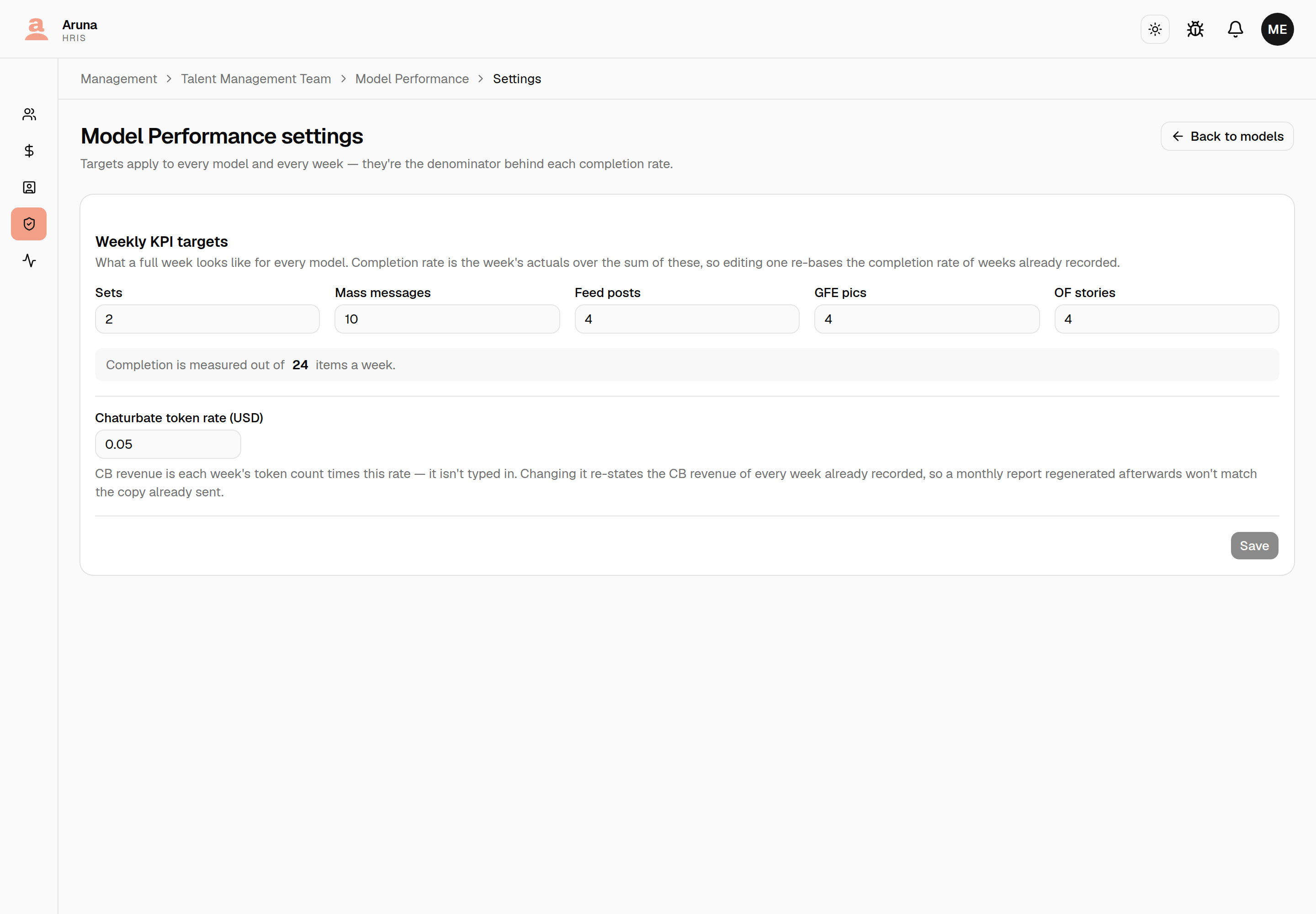 Model Performance settings: Weekly KPI targets for sets, mass messages, feed posts, GFE pics and OF stories, a shaded read-out saying completion is measured out of 24 items a week, and a Chaturbate token rate field set to 0.05.