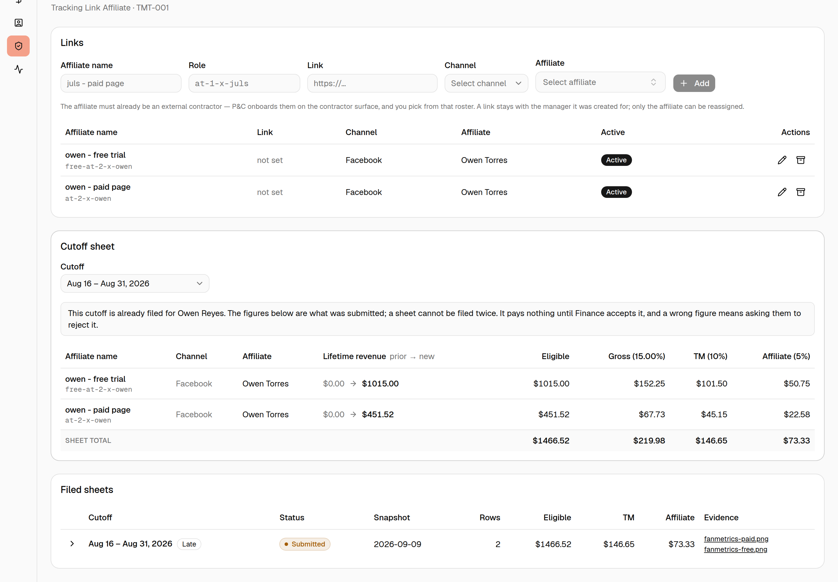 A cutoff that has already been filed, showing the read-only submitted figures above the filed-sheets history with its status, totals and evidence.