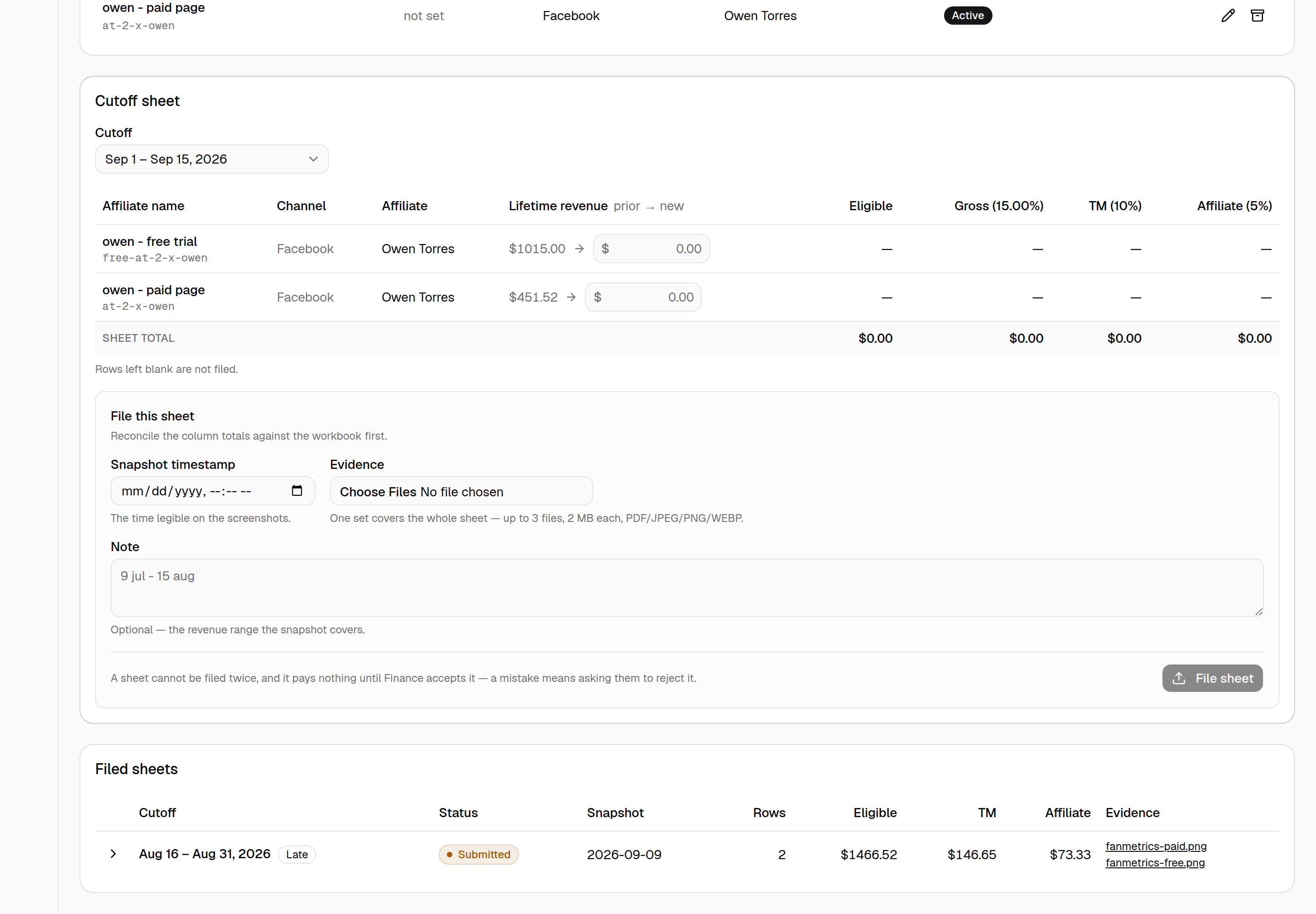 The cutoff sheet with one row per link, each showing its prior lifetime revenue and an input for the new figure, plus the filing block below.