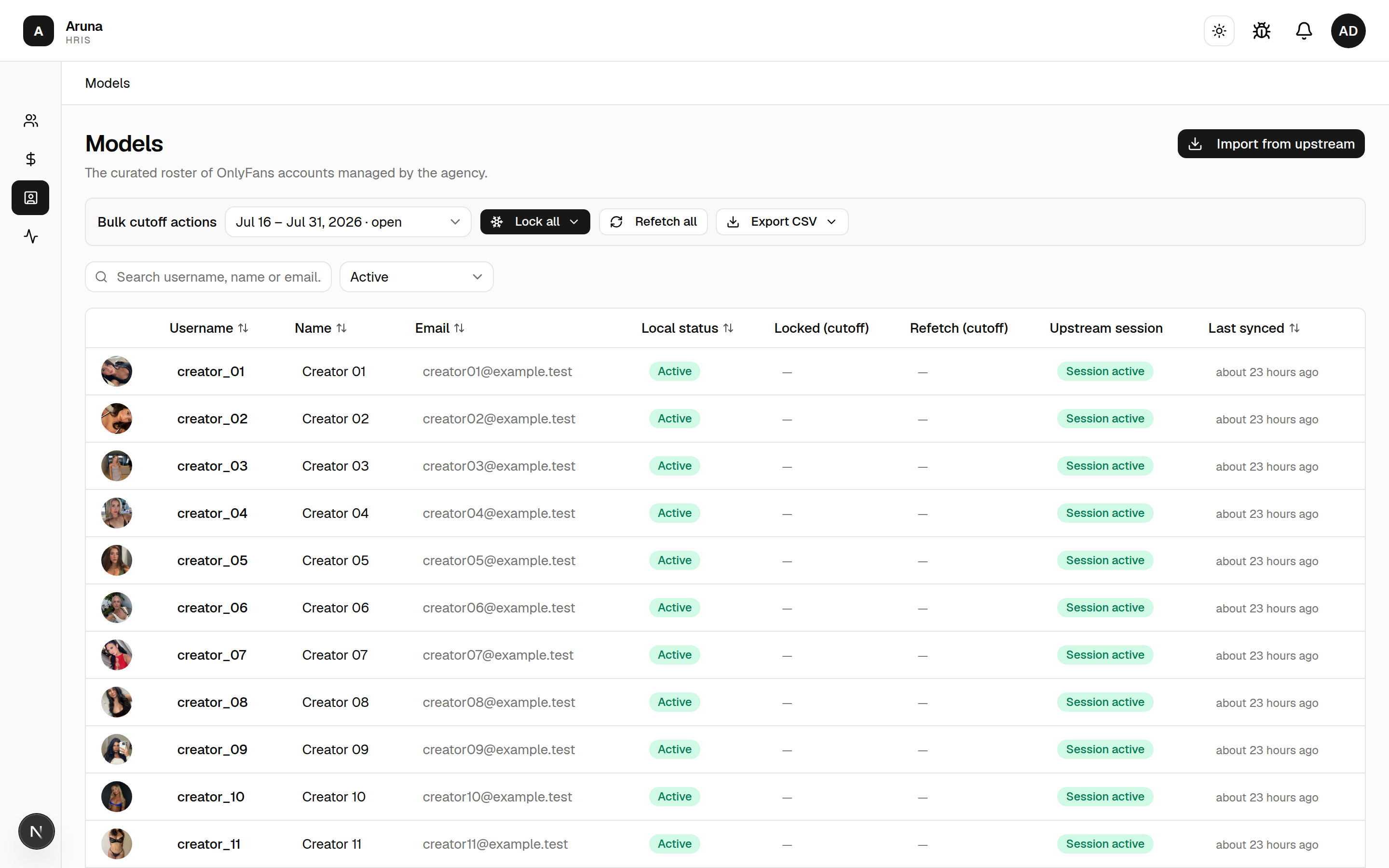 Models roster: username, name, email, local status, locked/refetch per cutoff, upstream session, and last synced.