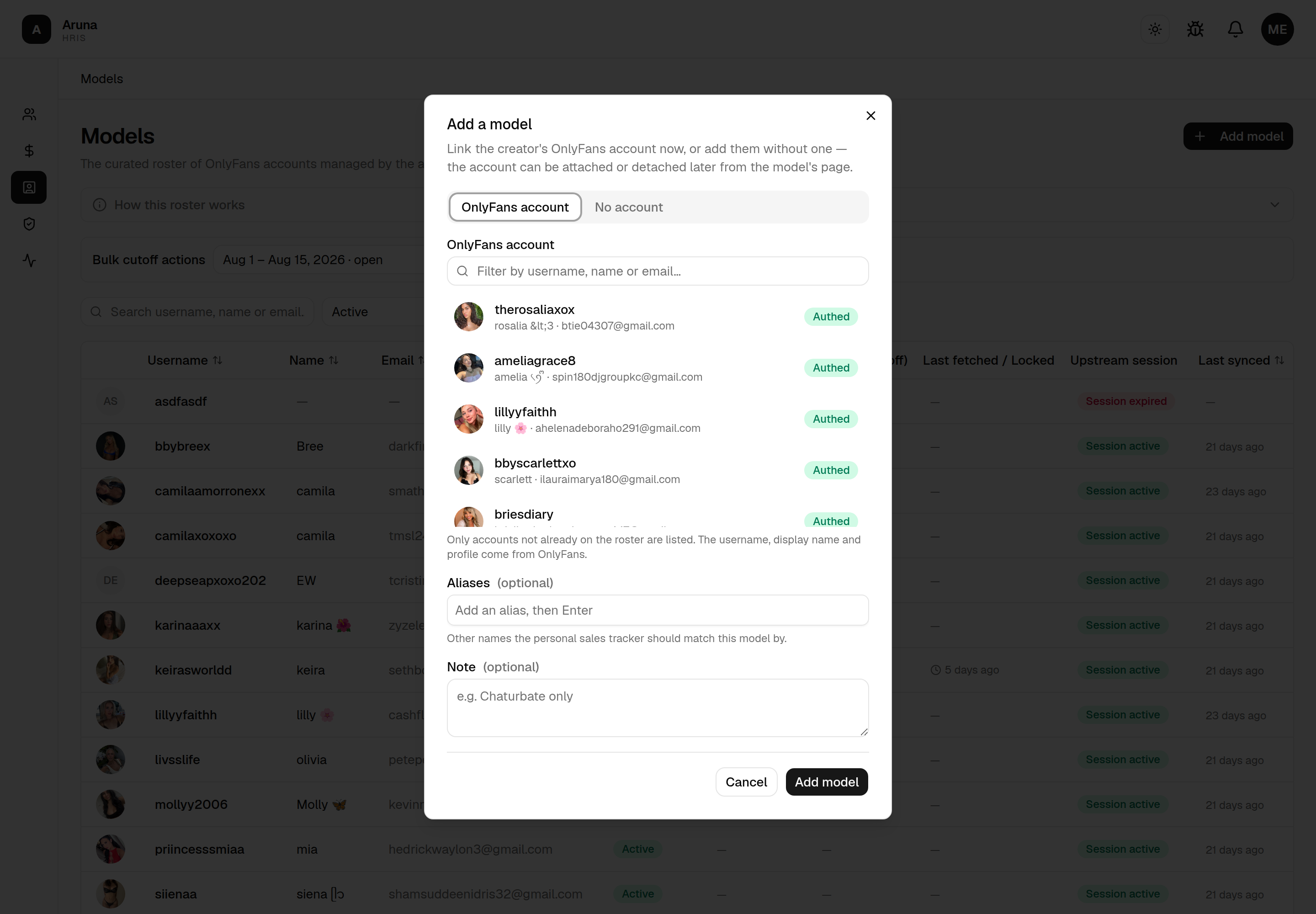 Add a model dialog on the OnlyFans account tab: a filter box above a list of upstream accounts with avatars, emails and "Authed" badges, followed by the shared Aliases and Note fields.