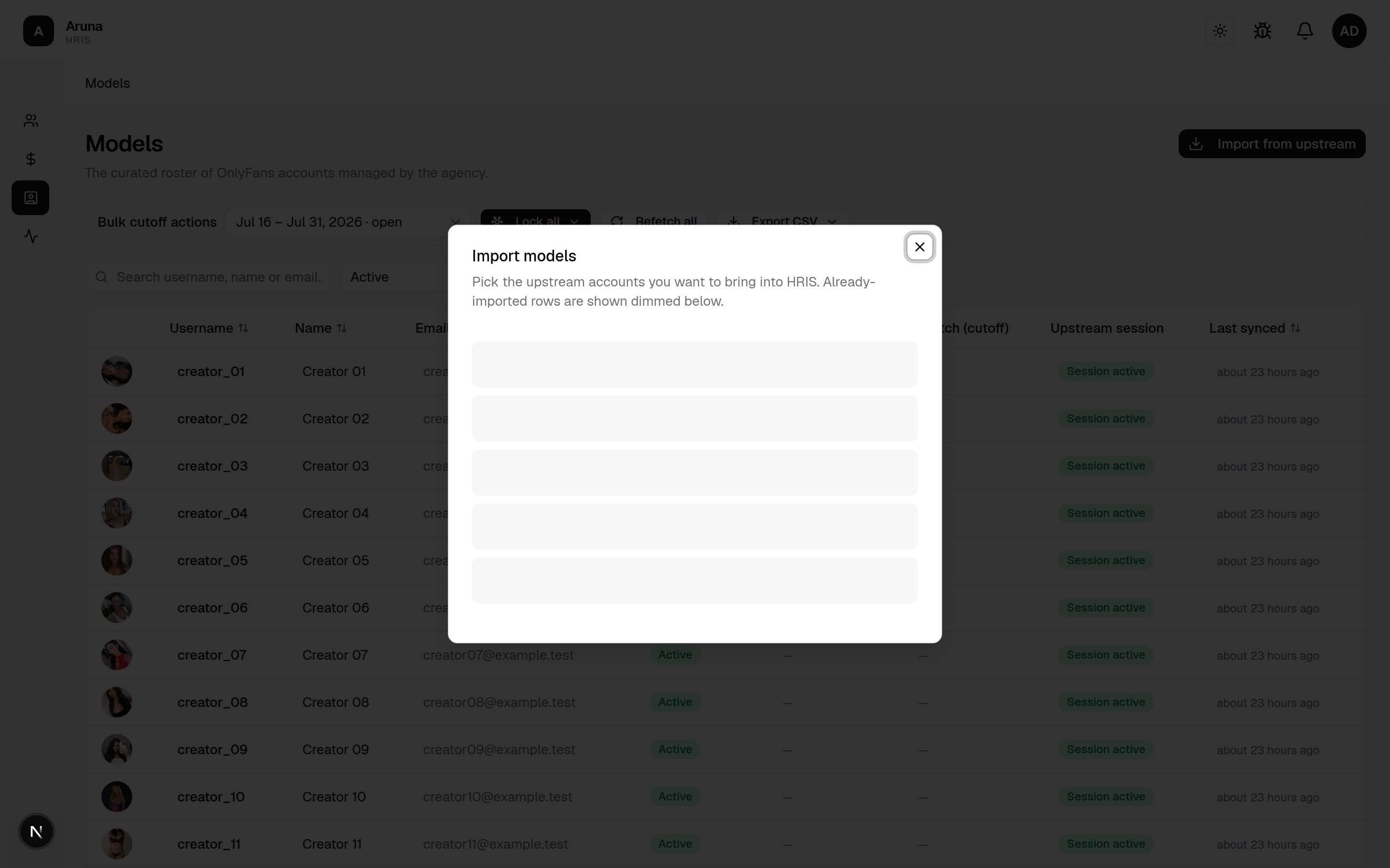 Import models dialog: pick upstream accounts to bring into HRIS.