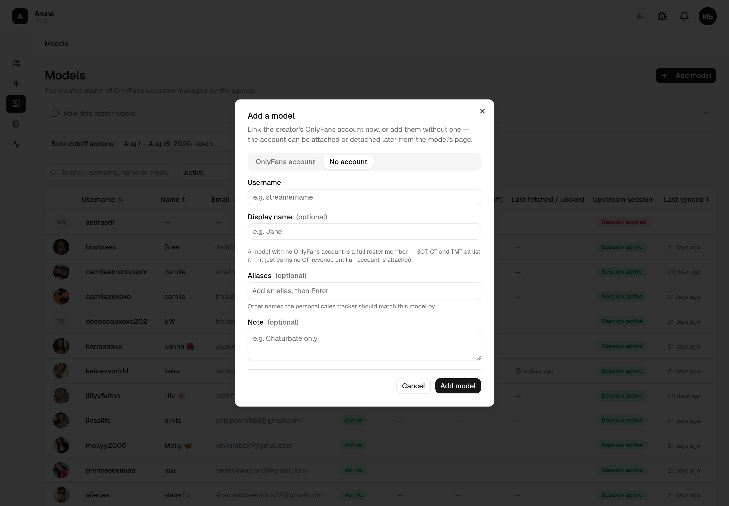 Add a model dialog on the No account tab: Username and optional Display name fields, with a note that a model without an account is still a full roster member.