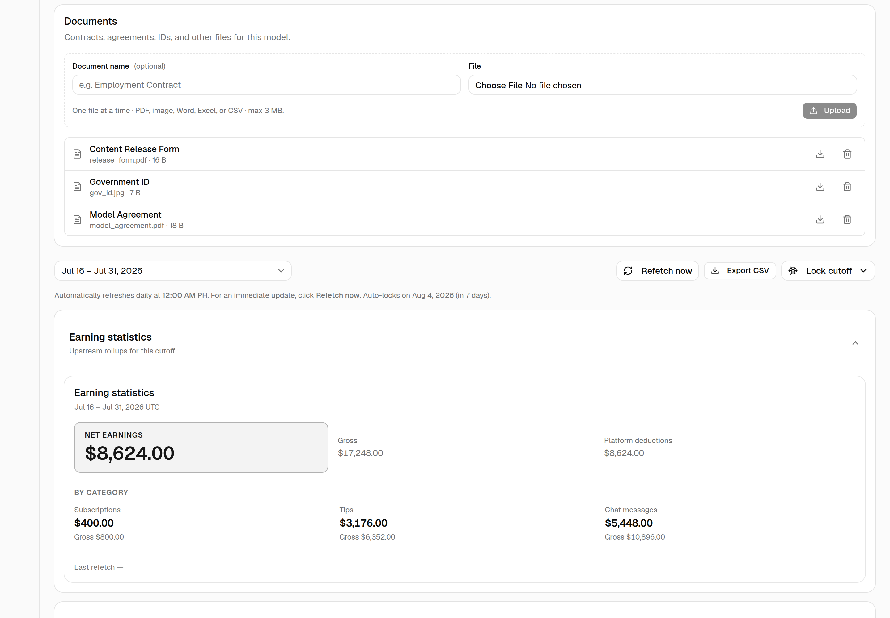 Model detail Documents card: a name + file upload row and a list of documents (Content Release Form, Government ID, Model Agreement), each row clickable to open, with download and delete icons.