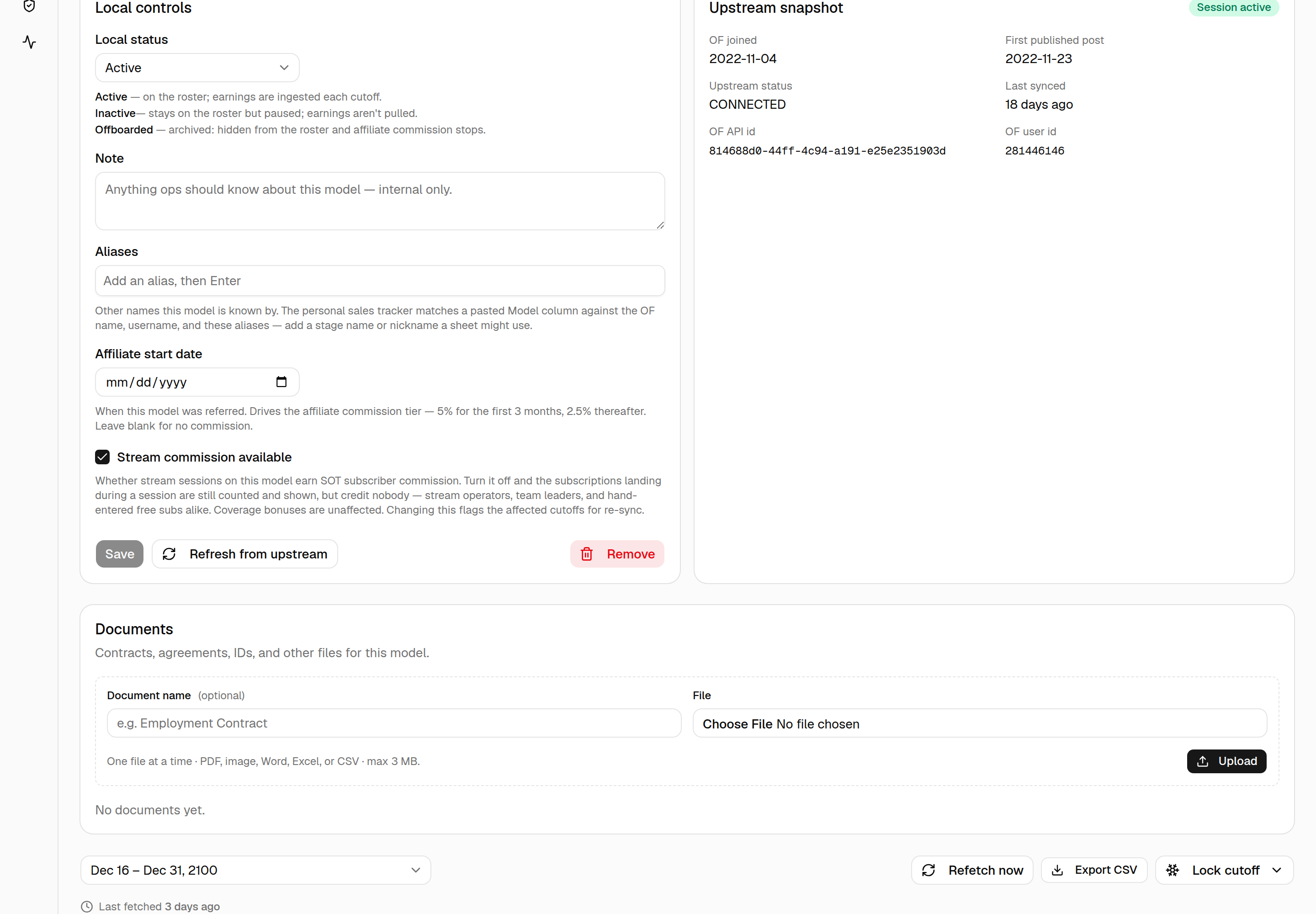 Model detail Local controls: the Stream commission available checkbox, ticked, with its explanation below the Affiliate start date field.