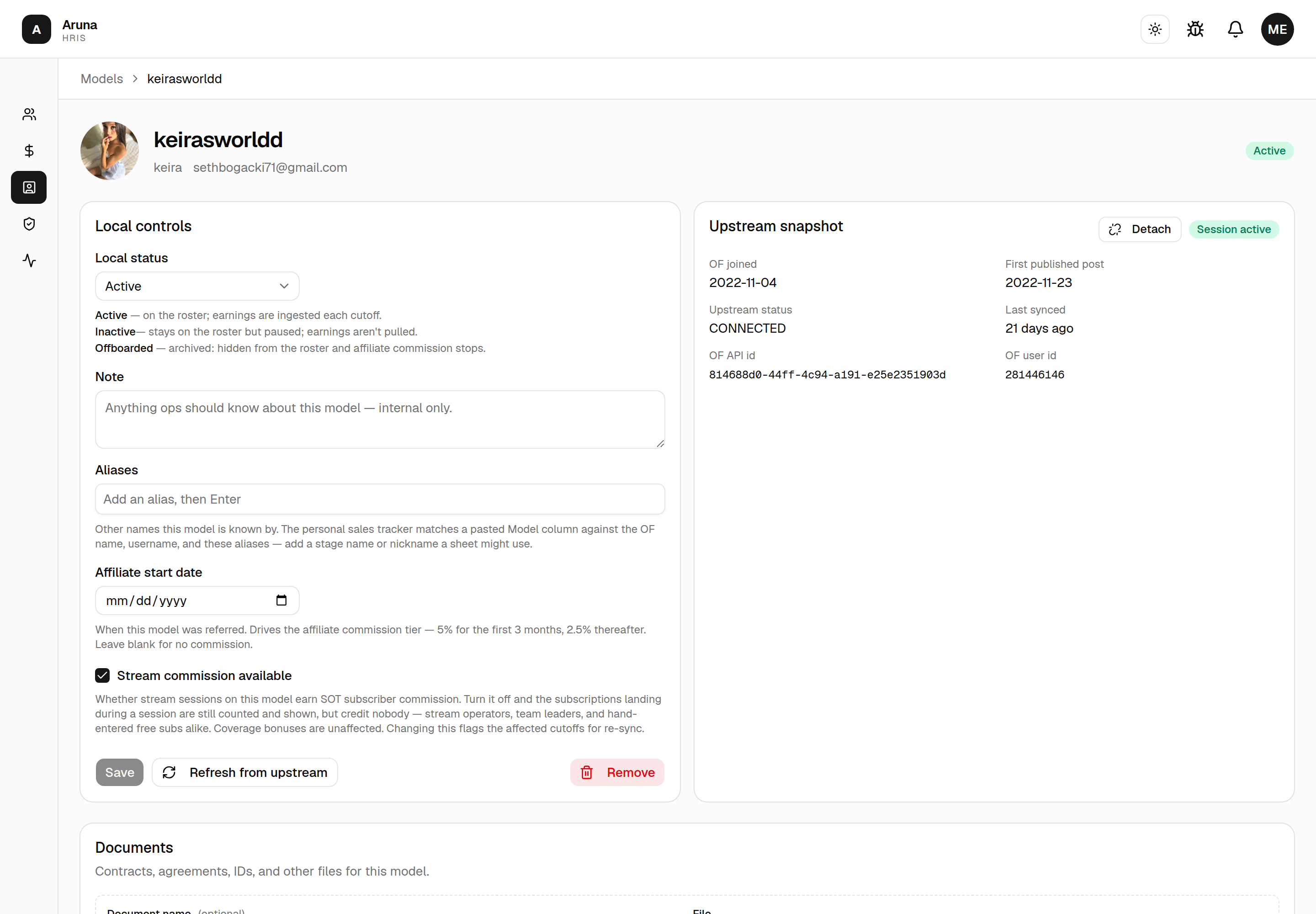 Model detail page: the Upstream snapshot card showing OF joined, first published post, upstream status, last synced and the OF ids, with Detach and a Session active badge in its header.