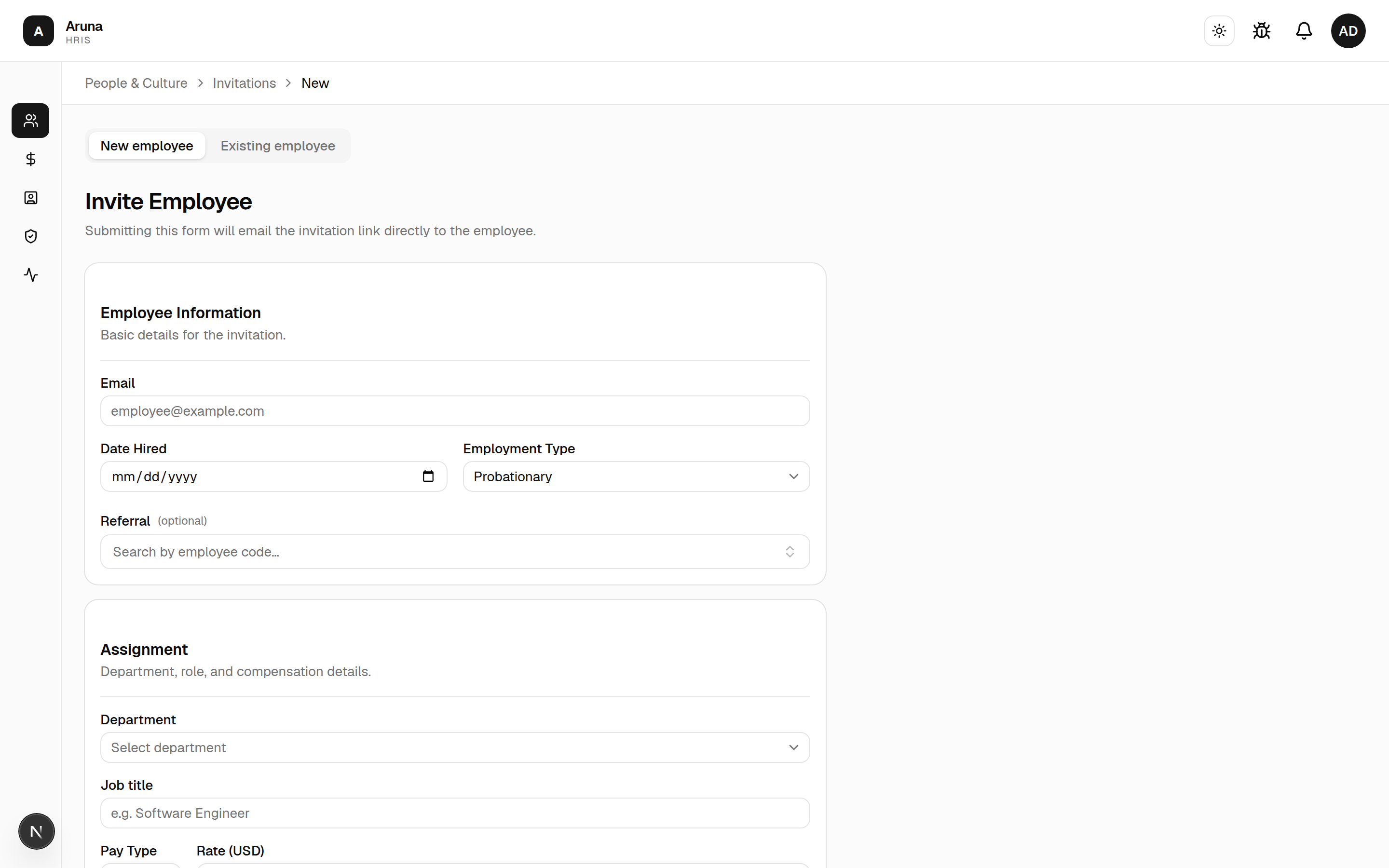 Invite Employee form: New/Existing tabs, Employee Information (email, date hired, employment type, referral) and Assignment (department, job title, pay type, rate).