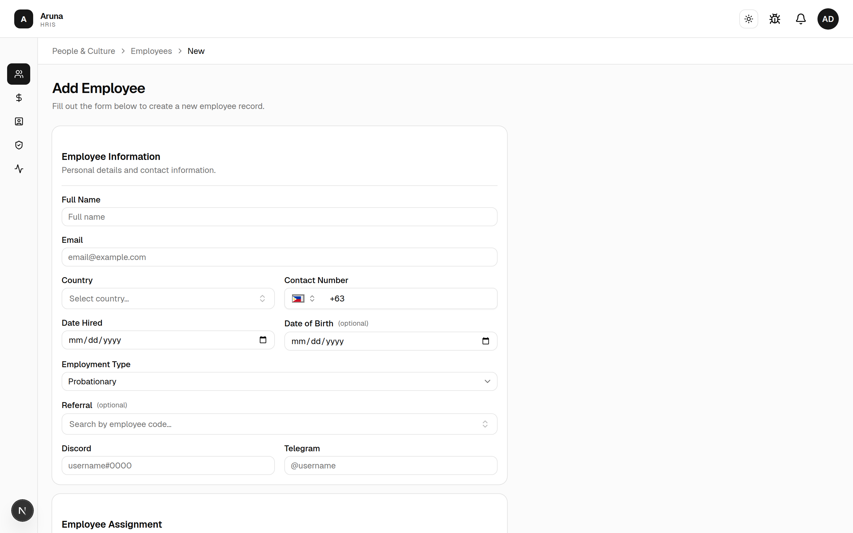 Add Employee form: full name, email, country, contact, dates, employment type, referral, and Discord/Telegram, followed by Employee Assignment.