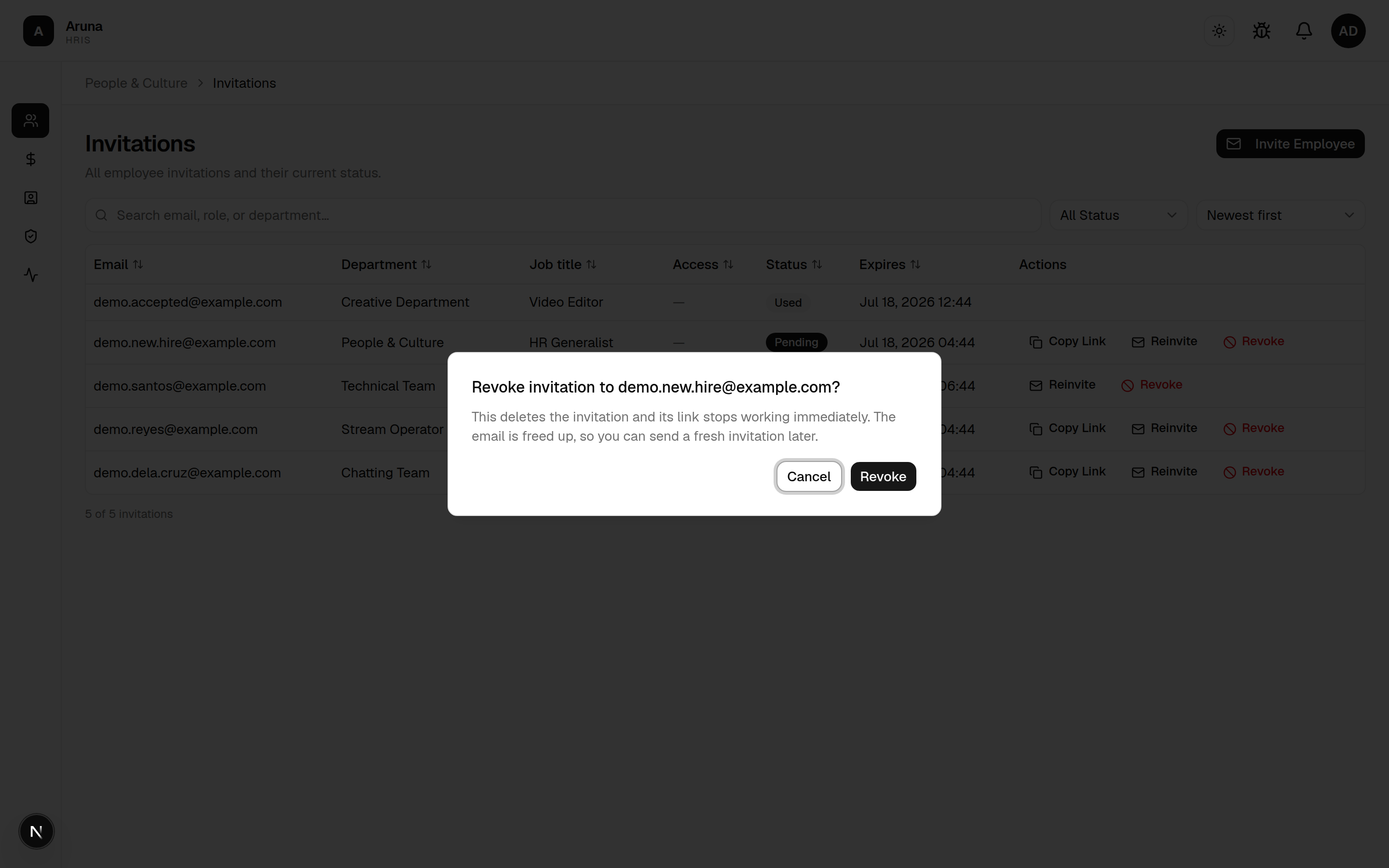 Revoke invitation confirmation dialog.