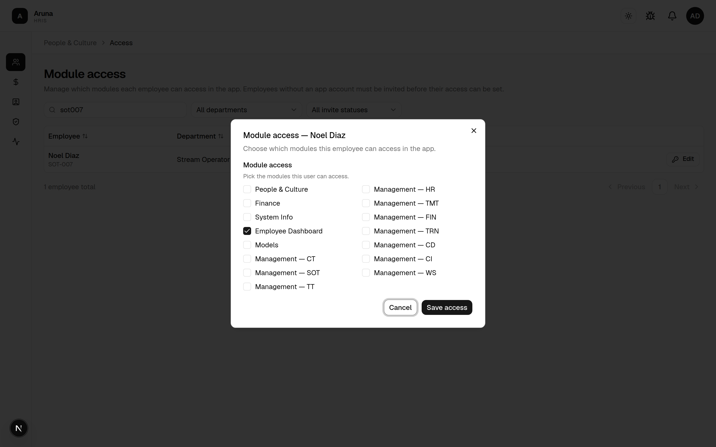 Module access dialog: checkboxes for every module, with Save access.