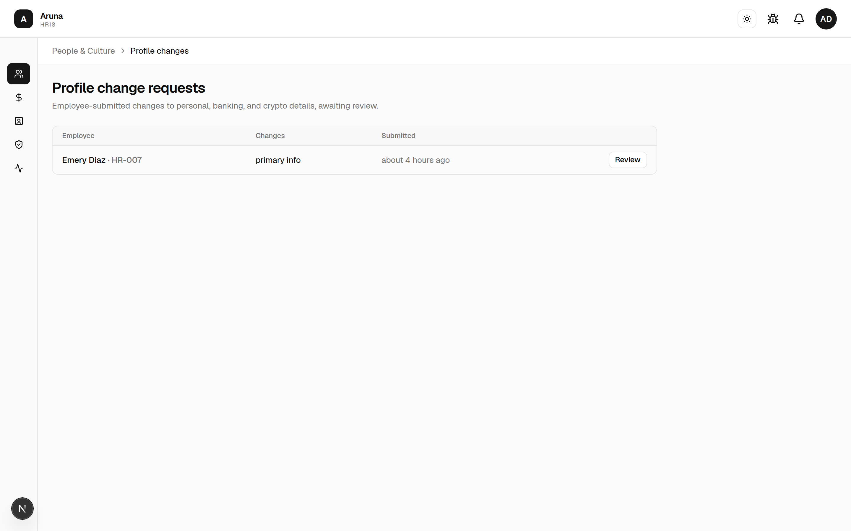 Profile change requests queue (empty state shown).