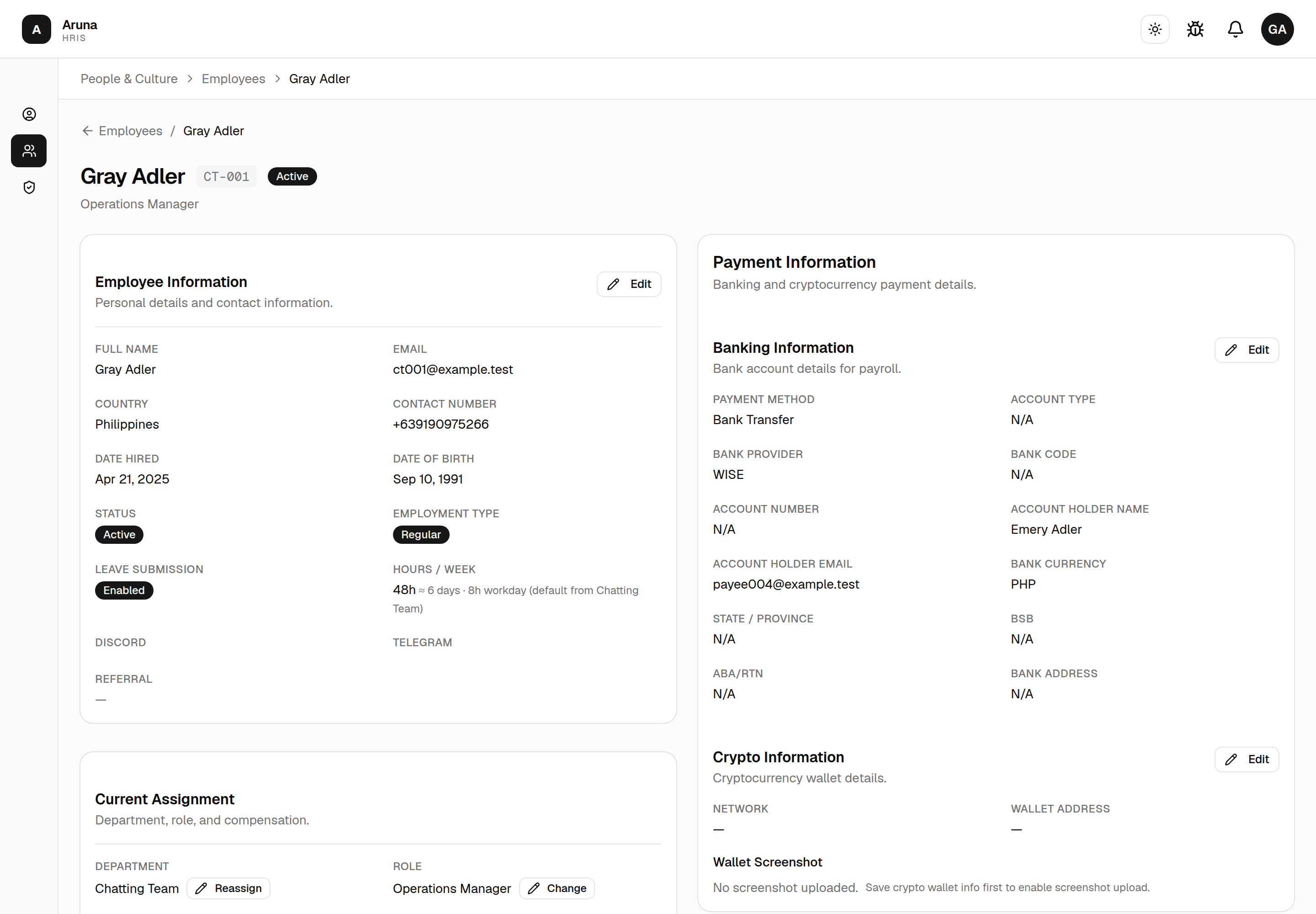 Employee detail page: header with Active badge, Employee Information card (with Edit), and the Payment Information card (Banking + Crypto, each with Edit).