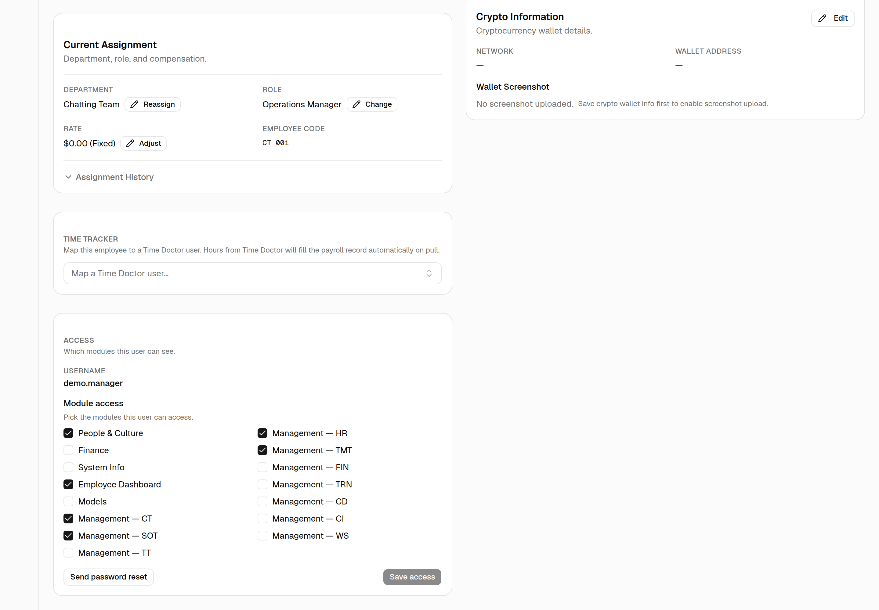 Lower half of the detail page: Current Assignment (Reassign / Change / Adjust + Assignment History), the Time Tracker mapping dropdown, and the Access card with module checkboxes, Send password reset, and Save access.