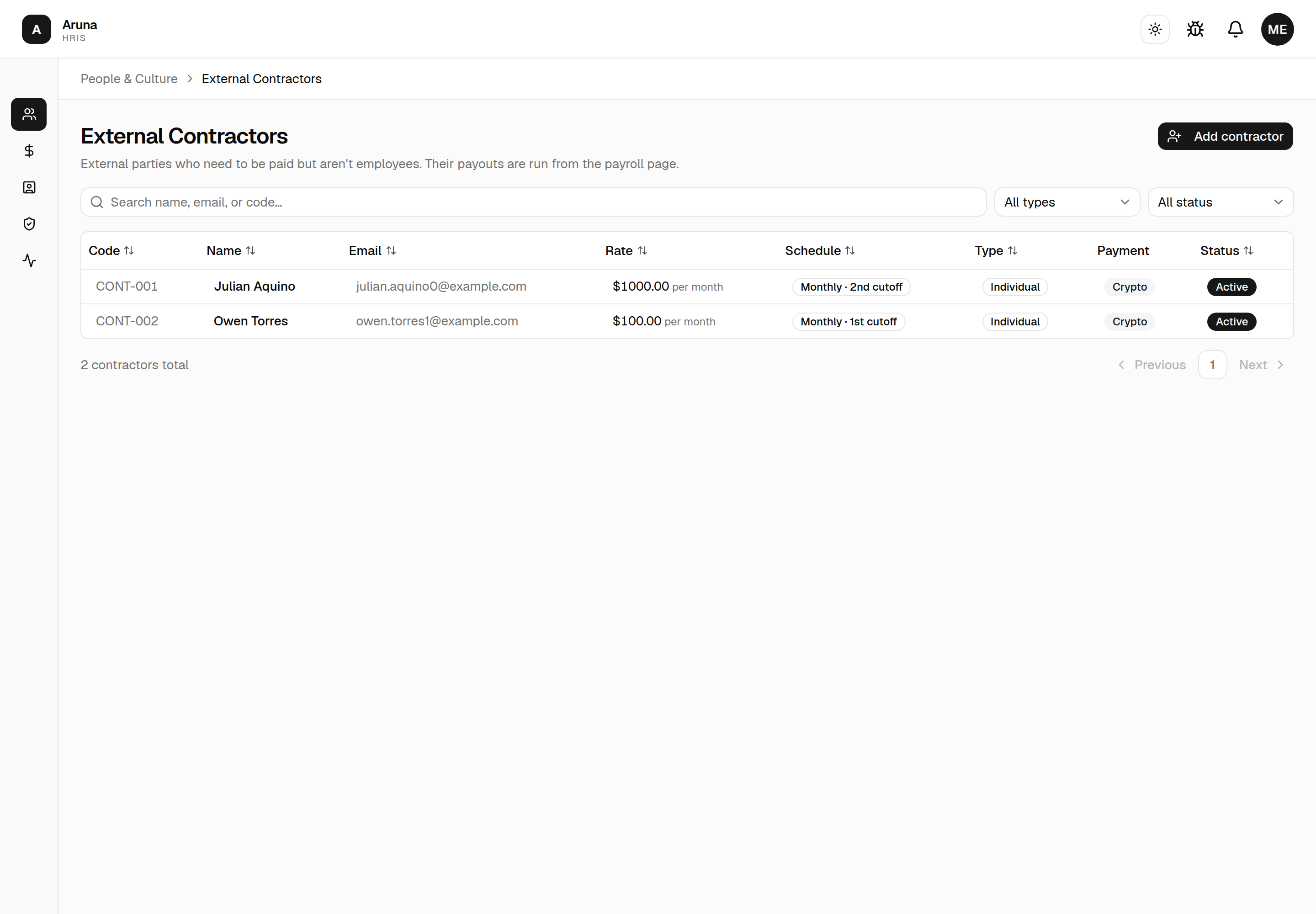 External Contractors list: Code, name, email, a Rate column showing the amount and its unit, a Schedule column with "Monthly · 2nd cutoff" badges, Type, payment method, status, and an Add contractor button.