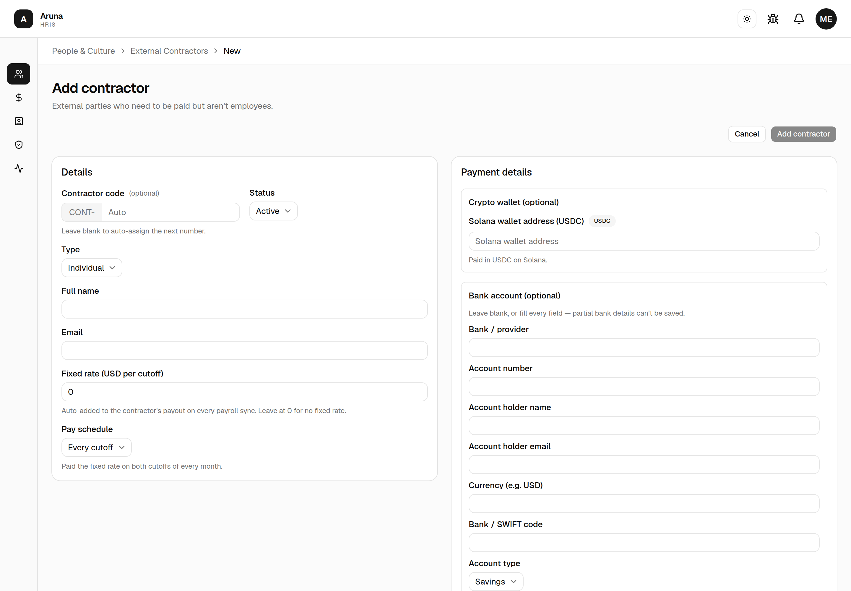 Add contractor page: Contractor code with a fixed CONT- prefix and an optional auto-assign number, Status, Type, Full name, Email, "Fixed rate (USD per cutoff)", a Pay schedule set to "Every cutoff", and Payment details (Solana wallet + bank account).