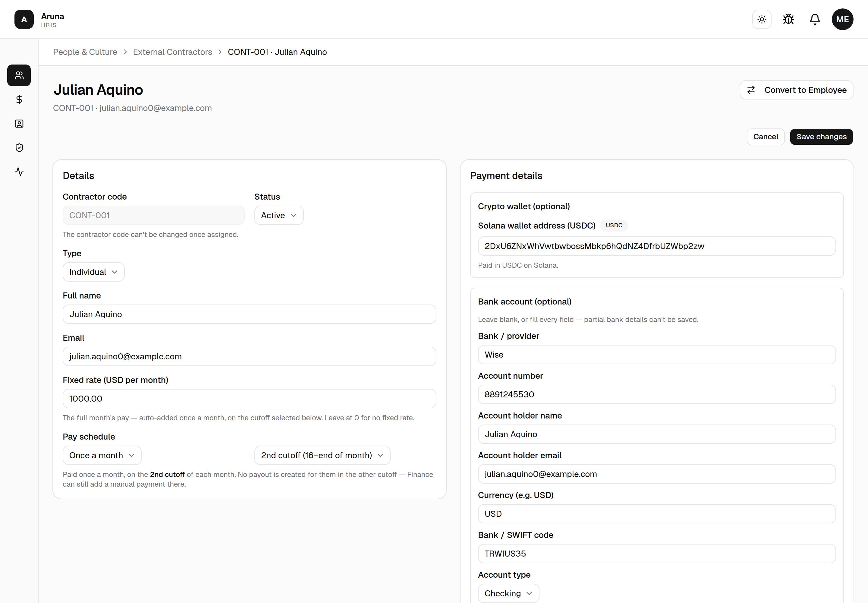 Contractor detail page for CONT-001: a "Convert to Employee" action in the header, read-only Contractor code, editable name / email, "Fixed rate (USD per month)" set to 1000.00, and a Pay schedule of "Once a month" on the "2nd cutoff (16–end of month)" with the explanatory note beneath it.
