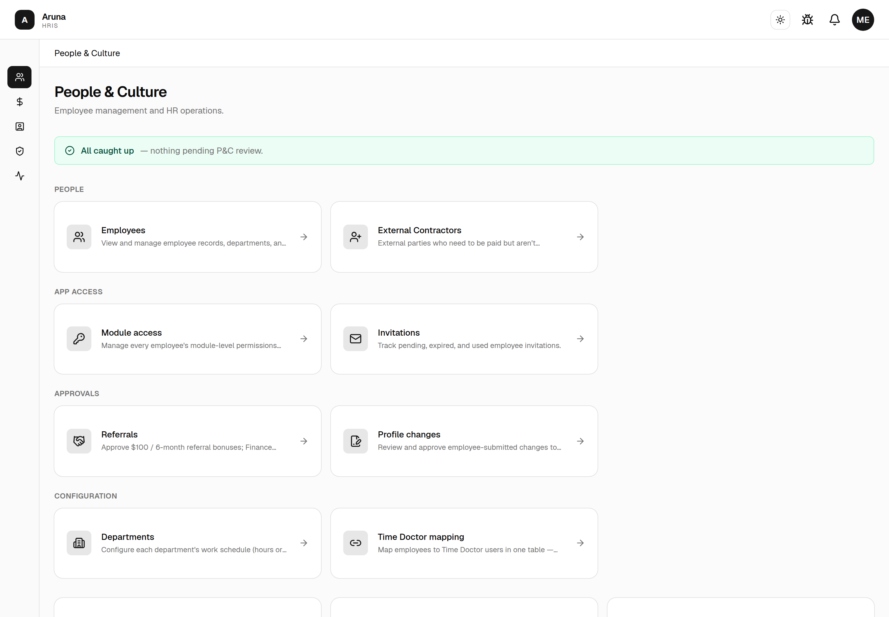 People & Culture dashboard: nav cards grouped into People, App access, Approvals, and Configuration, above an "All caught up" review banner.