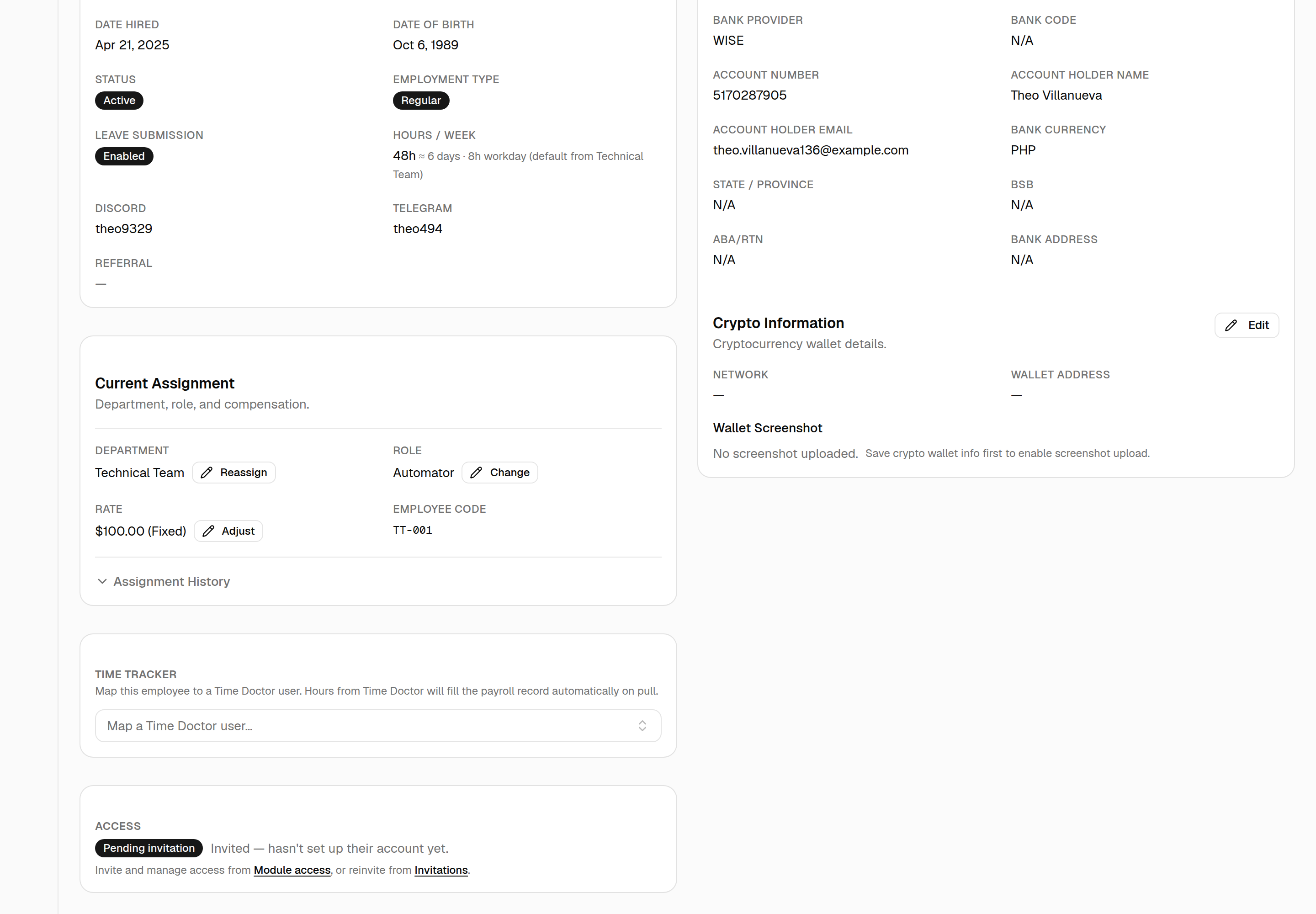 Employee detail Access card with no app account: a "Pending invitation" badge, the note "Invited — hasn't set up their account yet", and links to Module access and Invitations.