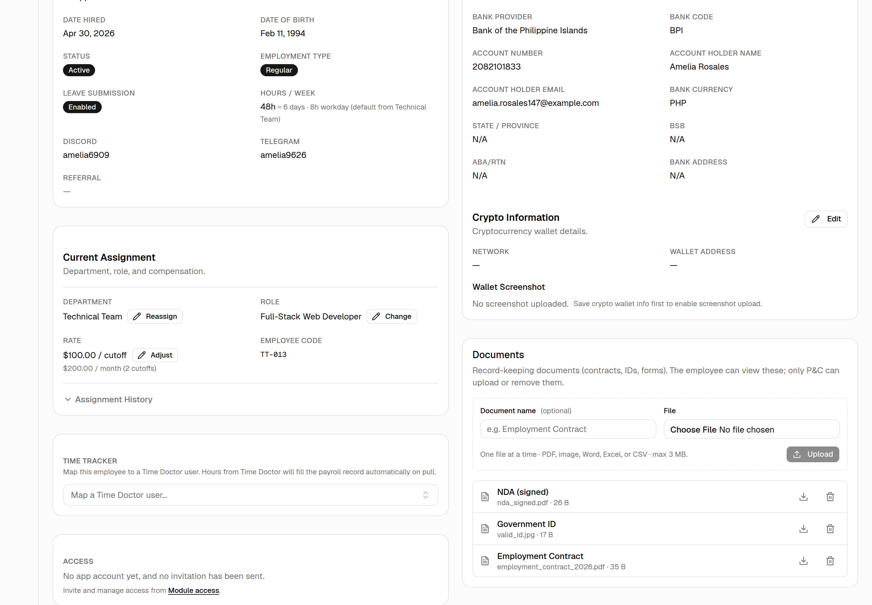 Employee detail Documents card: a name + file upload row and a list of uploaded documents (NDA, Government ID, Employment Contract), each row clickable to open, with download and delete icons.