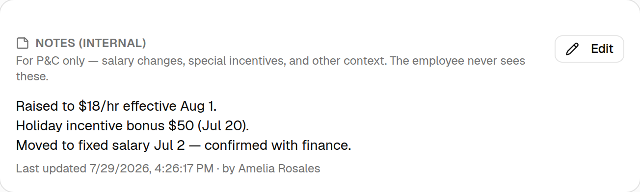 Employee detail Notes (internal) card: the P&C-only description, free-text salary/incentive notes, an Edit button, and a "last updated by" line.