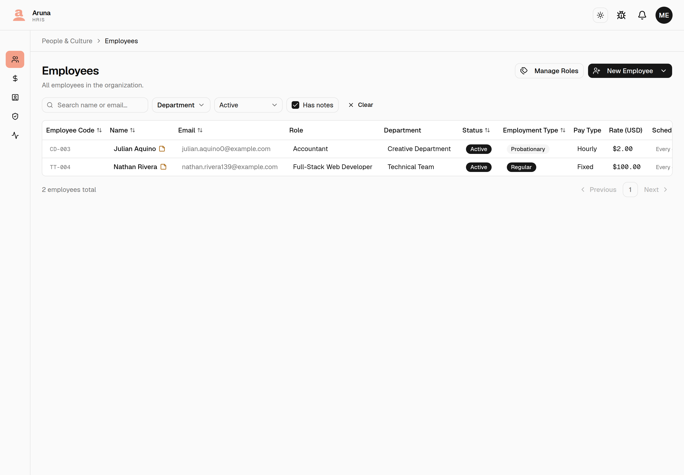 Employees list filtered by "Has notes": the checkbox is ticked and the matching row shows a note icon beside the name.