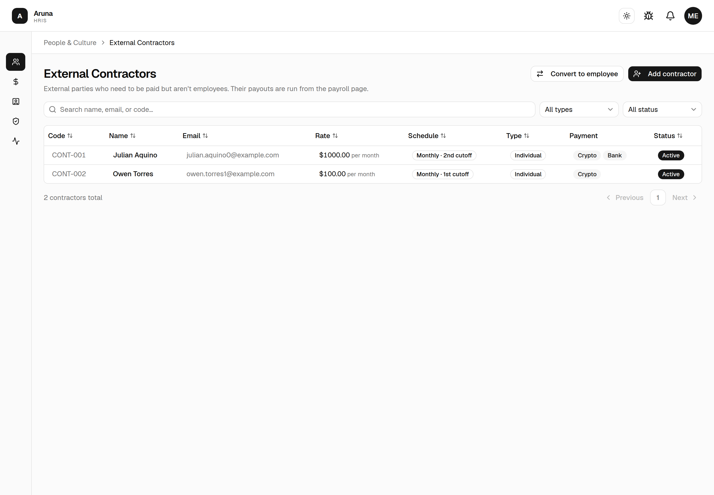 The External Contractors roster with a "Convert to employee" button in the header next to "Add contractor".