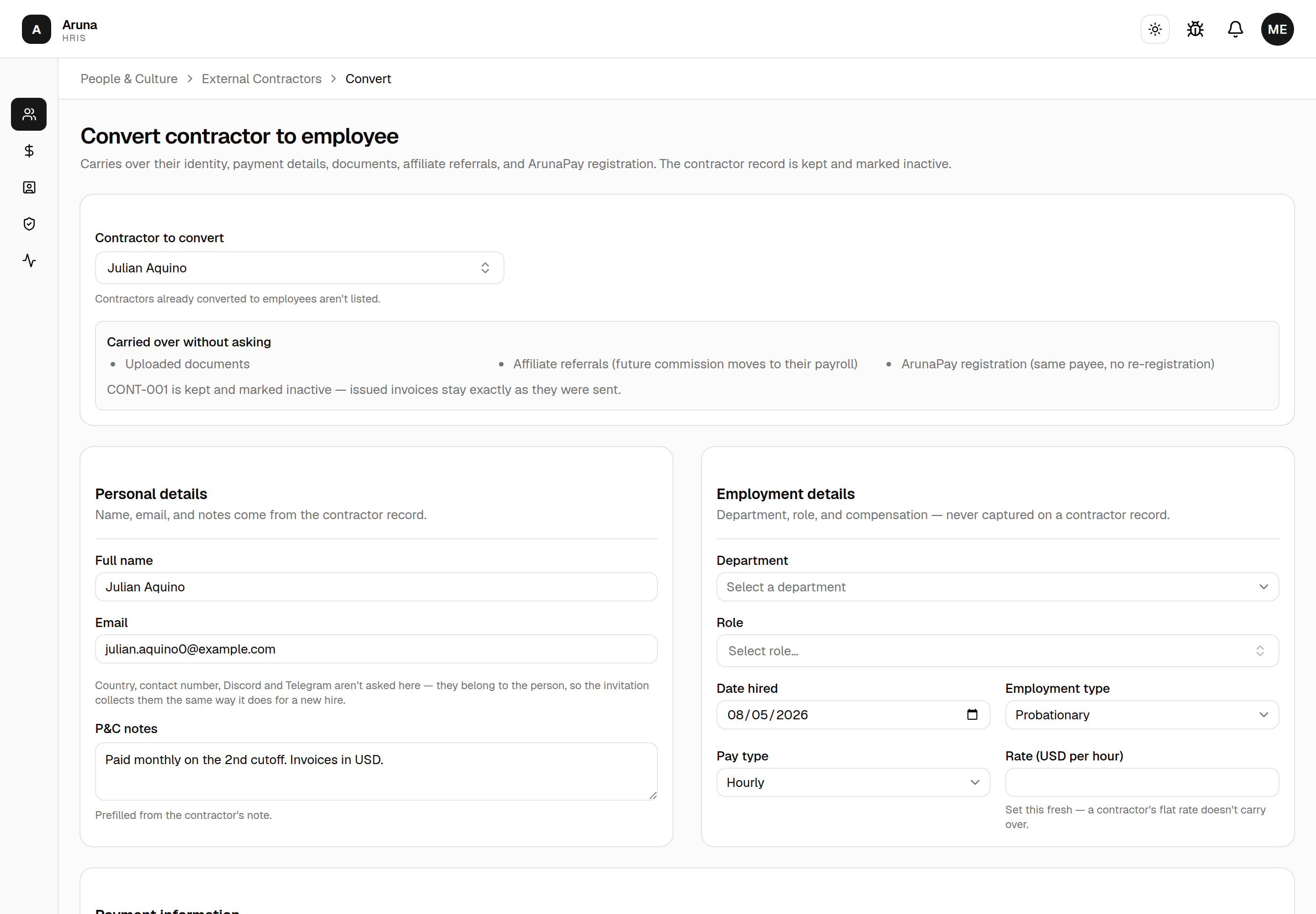 The conversion form for CONT-001: a "Carried over without asking" panel, a Personal details column with name, email and P&C notes prefilled and a note that country, contact number, Discord and Telegram are collected on the invitation, and an Employment details column with empty Department, Role and Rate.