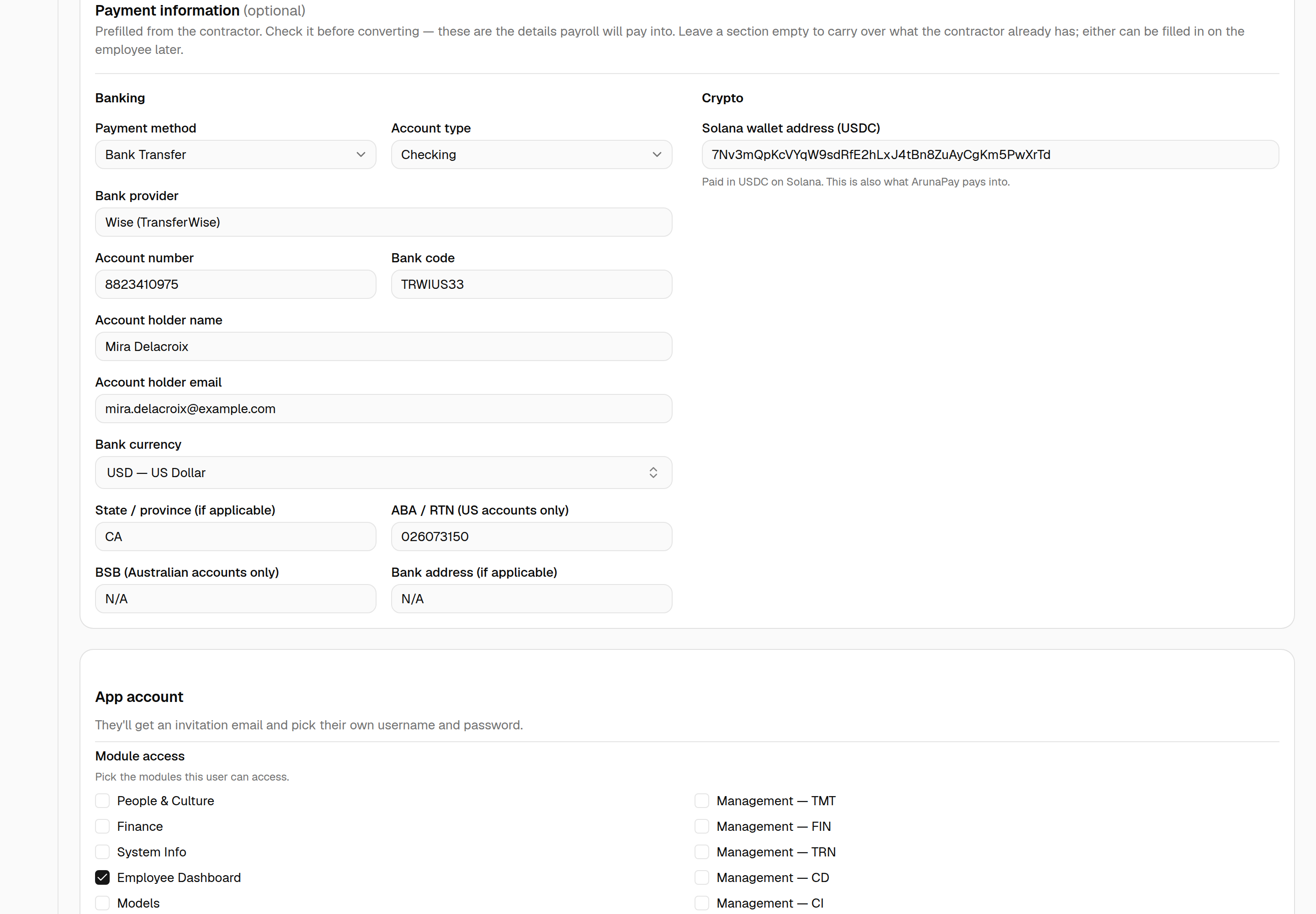 The "Payment information (optional)" card on the conversion form, prefilled from the contractor: Wise / USD bank details with State / province "CA" and ABA / RTN filled in, BSB and Bank address showing N/A, and the Solana wallet in a Crypto column beside it.