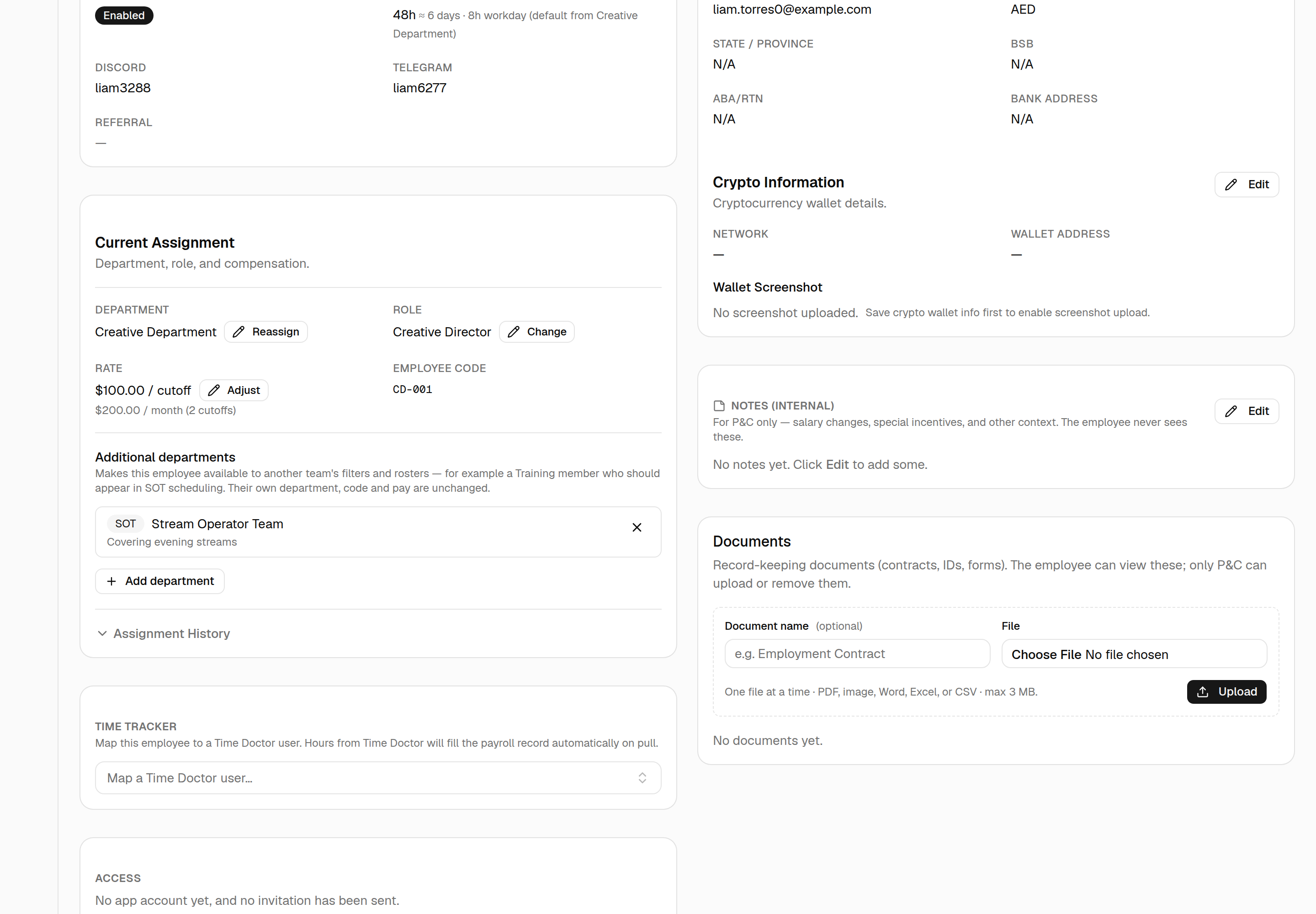 Current Assignment card for a Creative Department employee: department, role, rate and employee code, then an Additional departments block listing a granted "SOT · Stream Operator Team" row with the note "Covering evening streams" and an × to revoke it, above an Add department button.