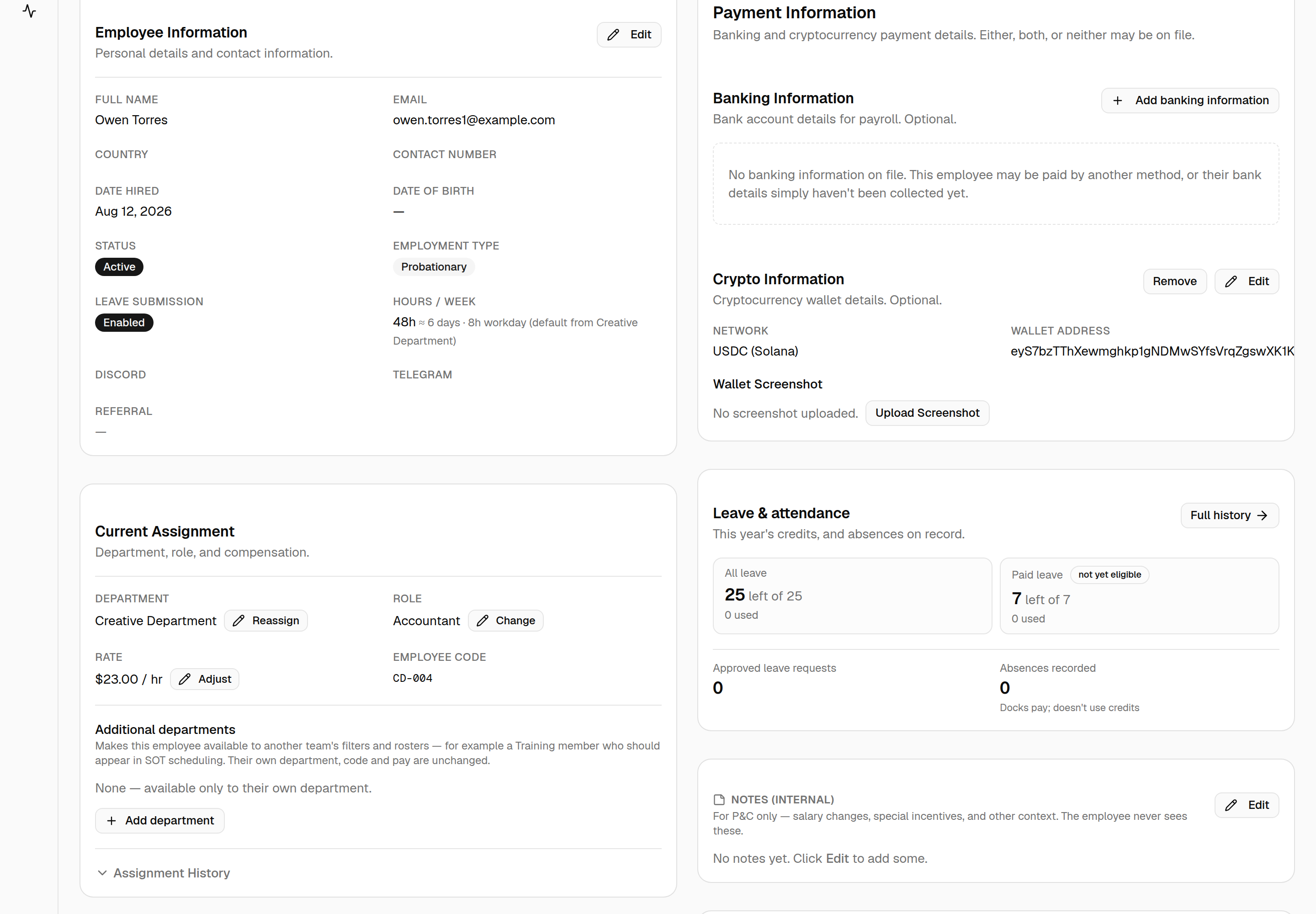 The Payment Information card for an employee paid in crypto: Banking Information shows an "Add banking information" button and the note "No banking information on file. This employee may be paid by another method, or their bank details simply haven't been collected yet.", while Crypto Information lists a USDC (Solana) wallet with Remove and Edit.