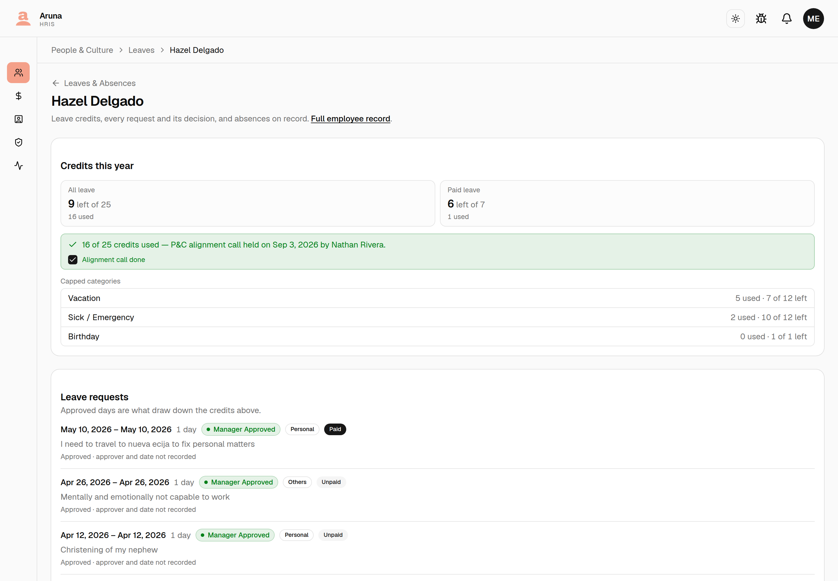 Hazel Delgado's leave page: a green banner reading "16 of 25 credits used — P&C alignment call held on Sep 3, 2026 by Nathan Rivera." with the "Alignment call done" checkbox ticked.