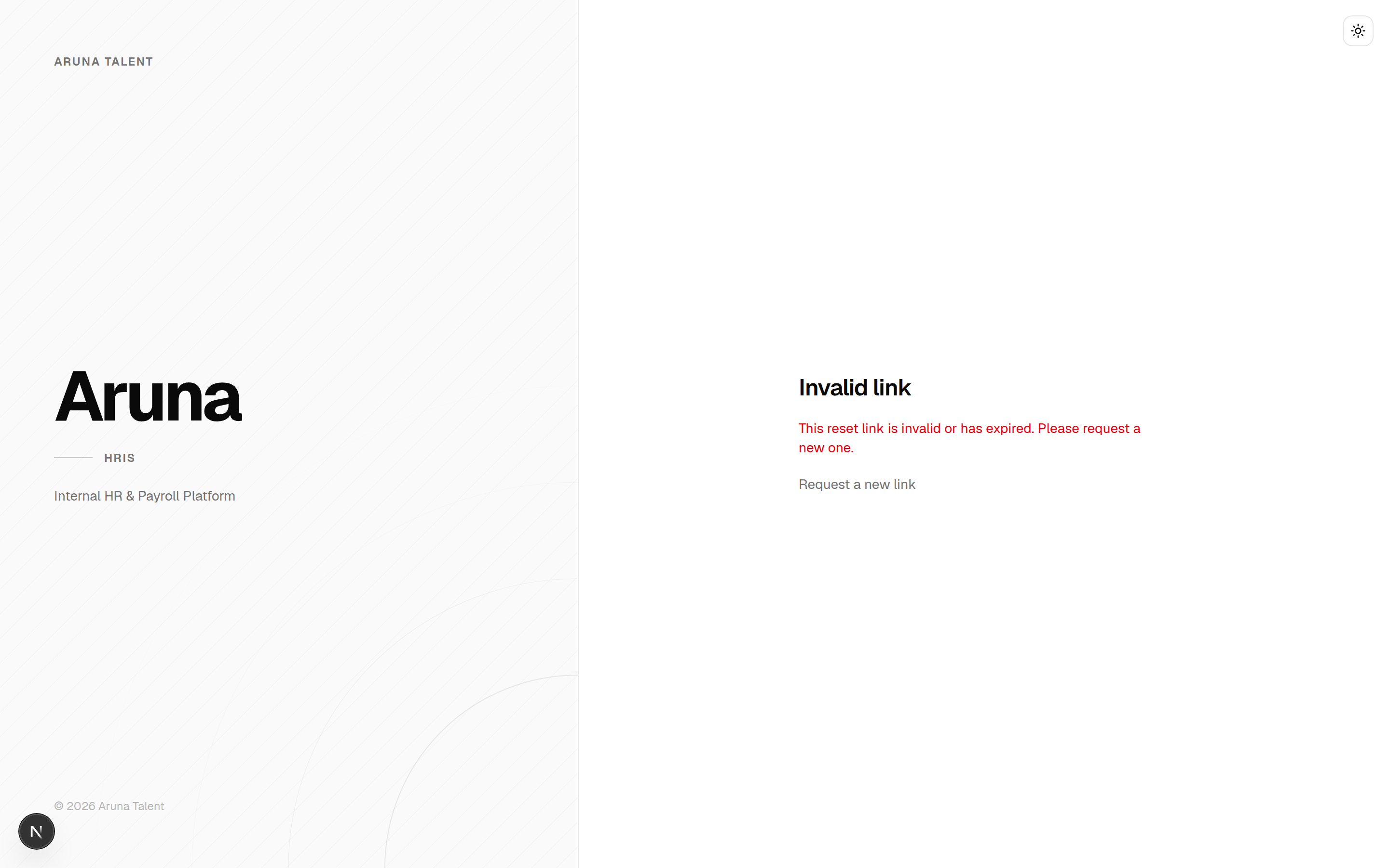Reset password — Invalid link / expired state with a "Request a new link" action.